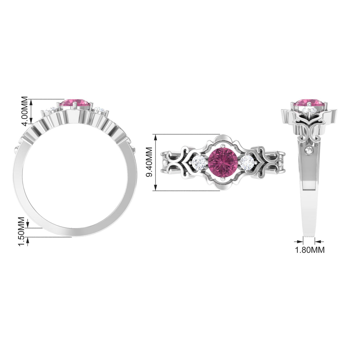 Pink tourmaline and diamond cut-out antique ring by Rosec Jewels, featuring intricate design and sparkling gemstones.