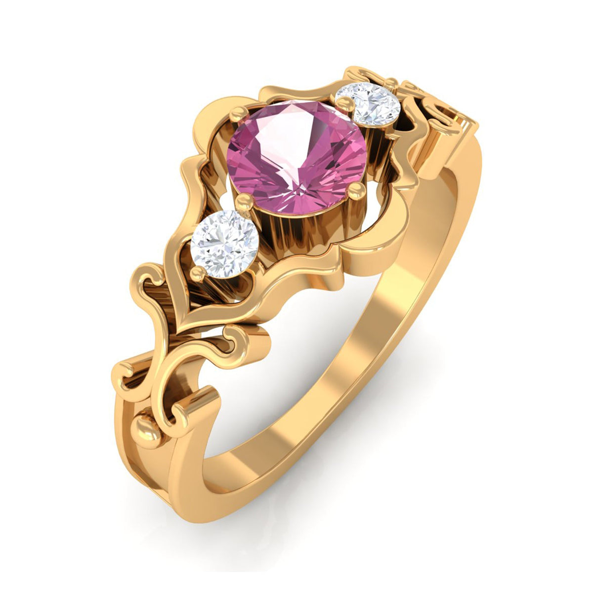 Rosec Jewels 0.50 CT pink tourmaline and diamond cut-out antique ring with intricate design and vintage-inspired style.