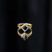 Real black onyx and diamond princess cut engagement ring with ring guard, featuring intricate band details and sparkling gemstones.