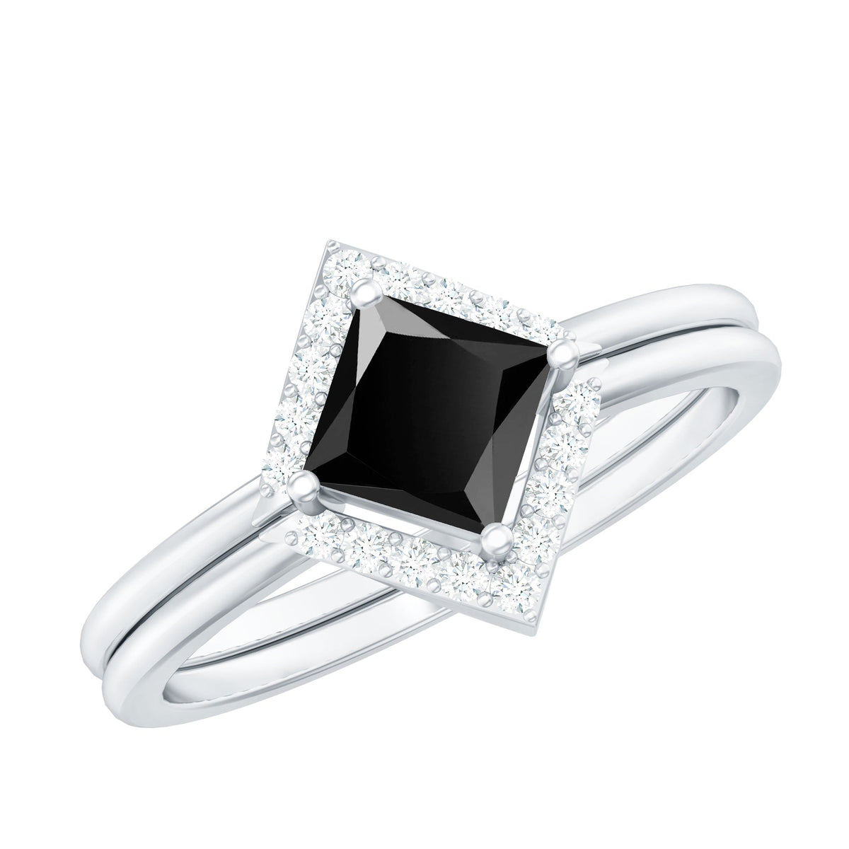 Elegant black onyx and diamond princess cut engagement ring with ring guard by Rosec Jewels, featuring intricate design and sparkling stones.