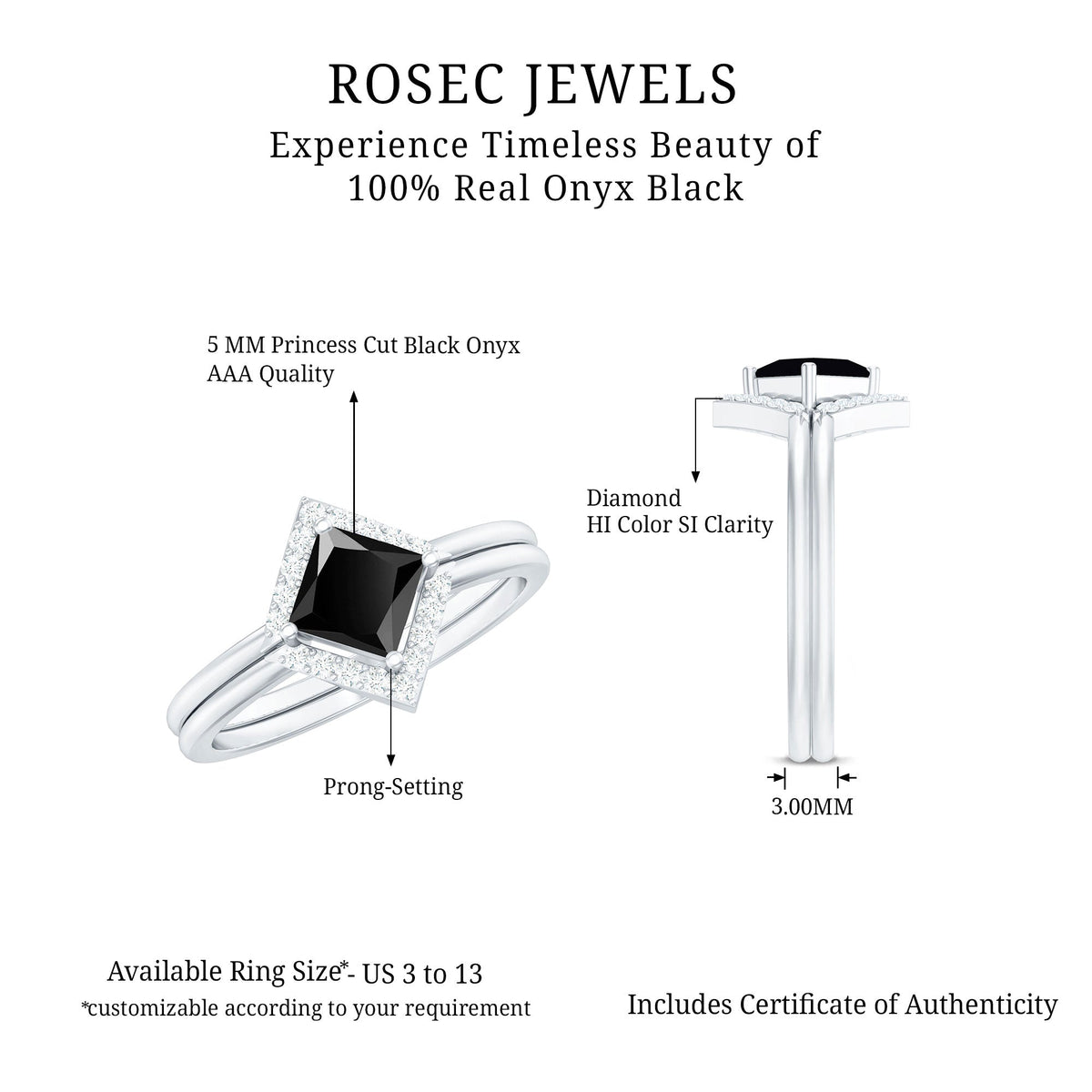 Black onyx and diamond princess cut engagement ring with ring guard, featuring detailed setting and elegant design by Rosec Jewels.