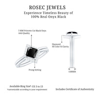 Black onyx and diamond princess cut engagement ring with ring guard, featuring detailed setting and elegant design by Rosec Jewels.
