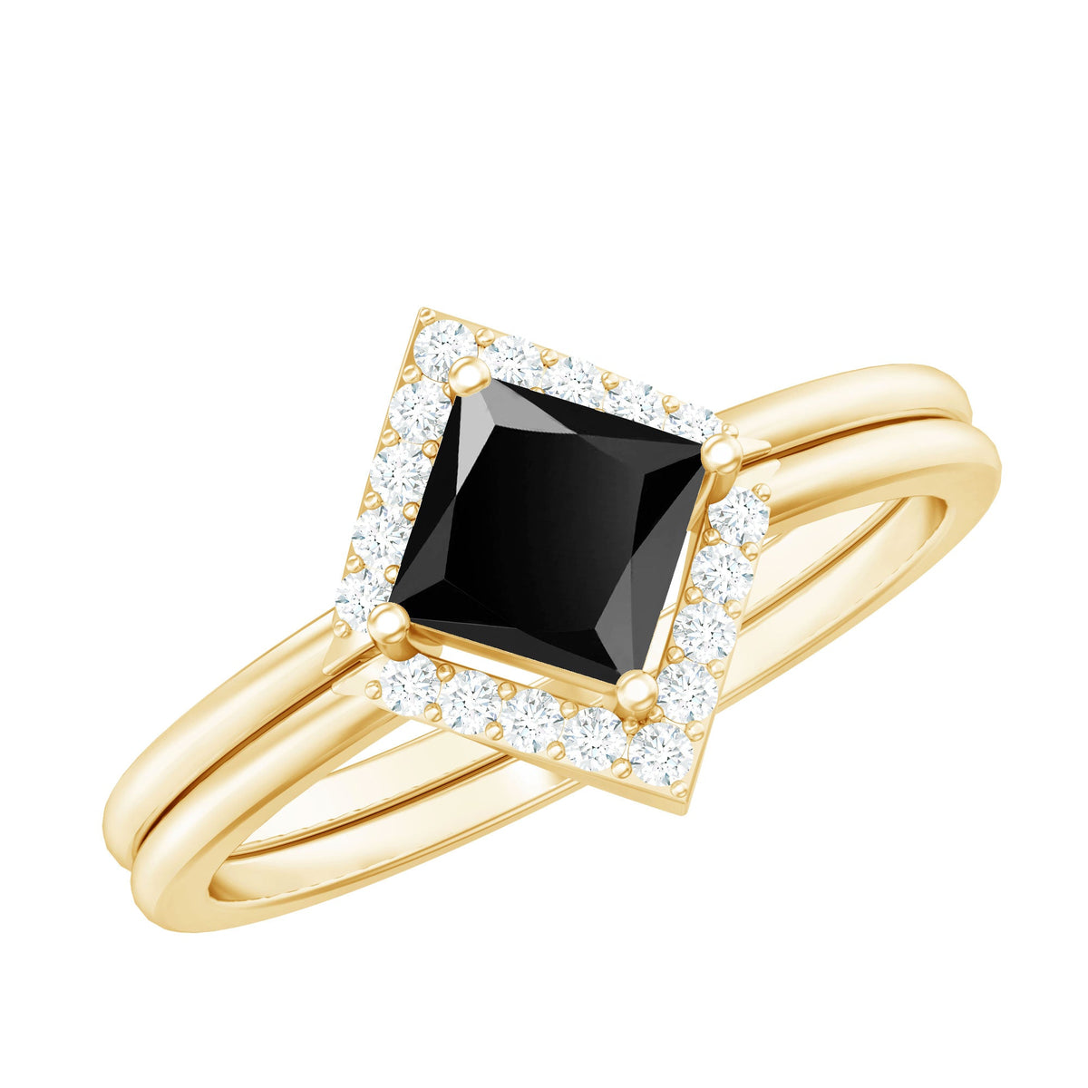 Black onyx and diamond princess cut engagement ring with ring guard from Rosec Jewels, showcasing detailed design and sparkling stones.