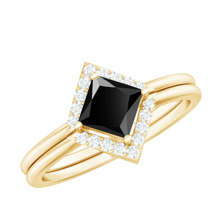 Black onyx and diamond princess cut engagement ring with ring guard from Rosec Jewels, showcasing detailed design and sparkling stones.