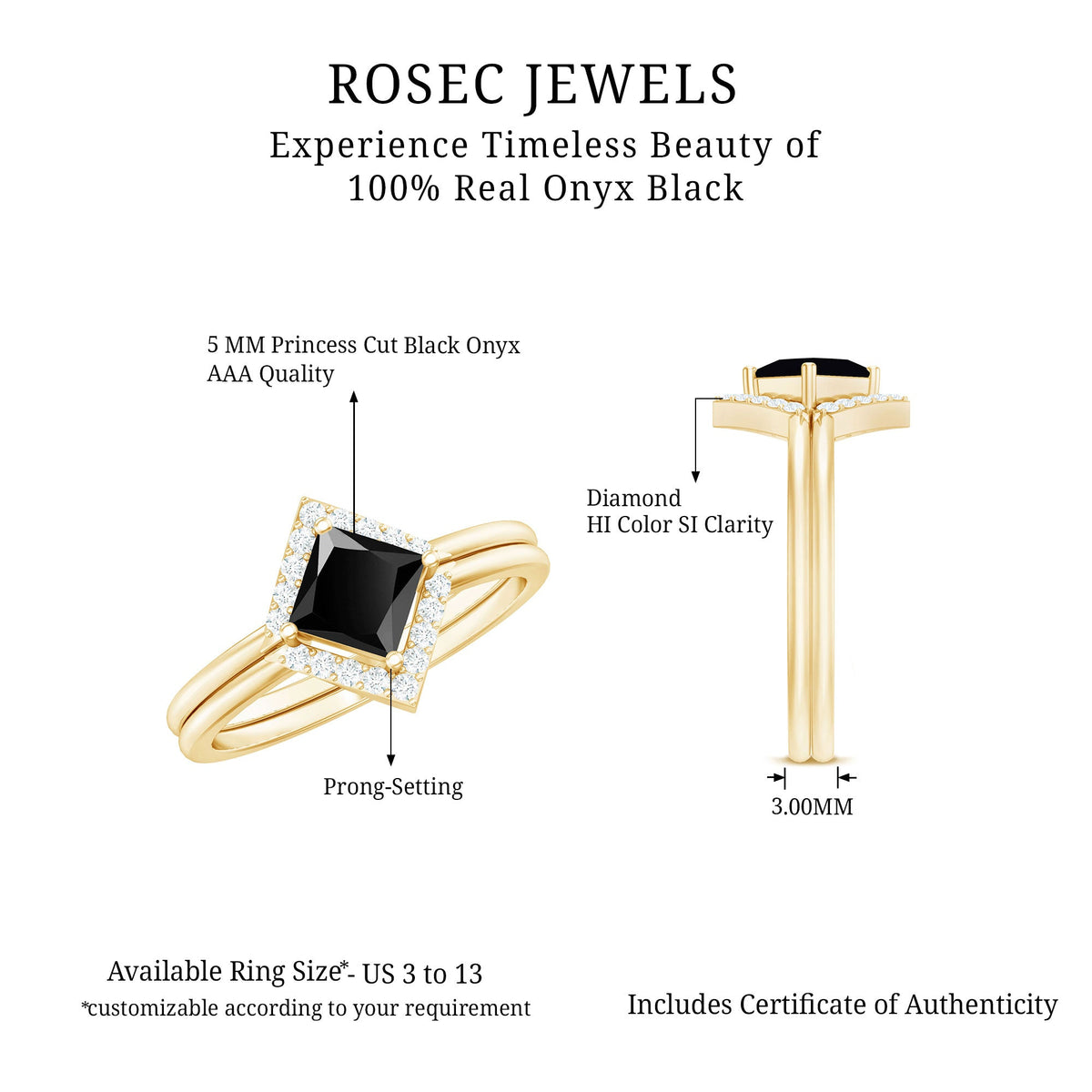 Black onyx and diamond princess cut engagement ring with ring guard from Rosec Jewels, showcasing elegant gemstone details and intricate design.