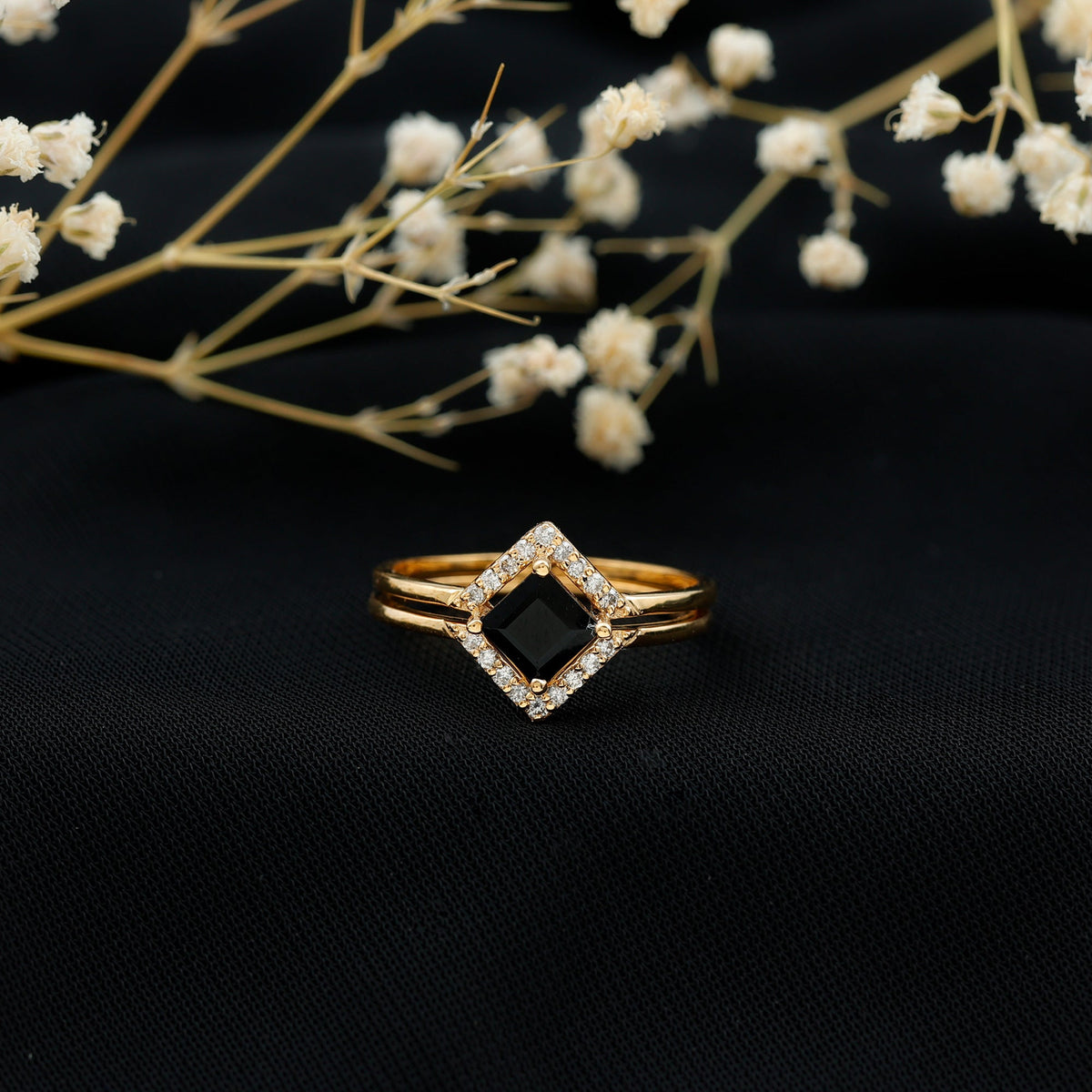 Black Onyx and diamond princess cut engagement ring with ring guard from Rosec Jewels, showcasing intricate design and sparkling gemstones.
