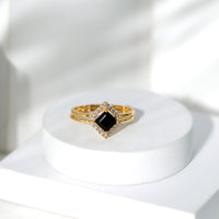 Elegant black onyx and diamond princess cut engagement ring with ring guard from Rosec Jewels, showcasing intricate design and sparkling stones.