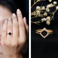 Black onyx and diamond princess cut engagement ring with ring guard from Rosec Jewels, showcasing detailed craftsmanship and elegant design.