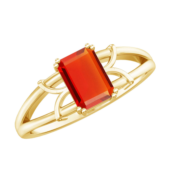1 Carat Solitaire Emerald Cut Fire Opal Engagement Ring by Rosec Jewels showcasing a vibrant, rectangular fire opal gemstone on a sleek band.