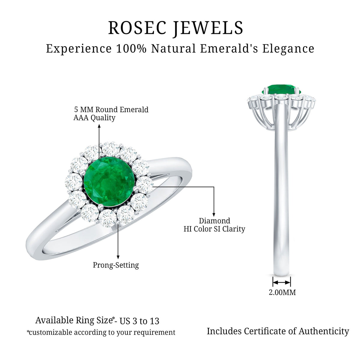 Round emerald and diamond engagement ring from Rosec Jewels featuring a classic design with sparkling gemstones and a polished band.