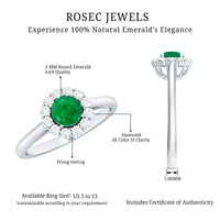 Round emerald and diamond engagement ring from Rosec Jewels featuring a classic design with sparkling gemstones and a polished band.