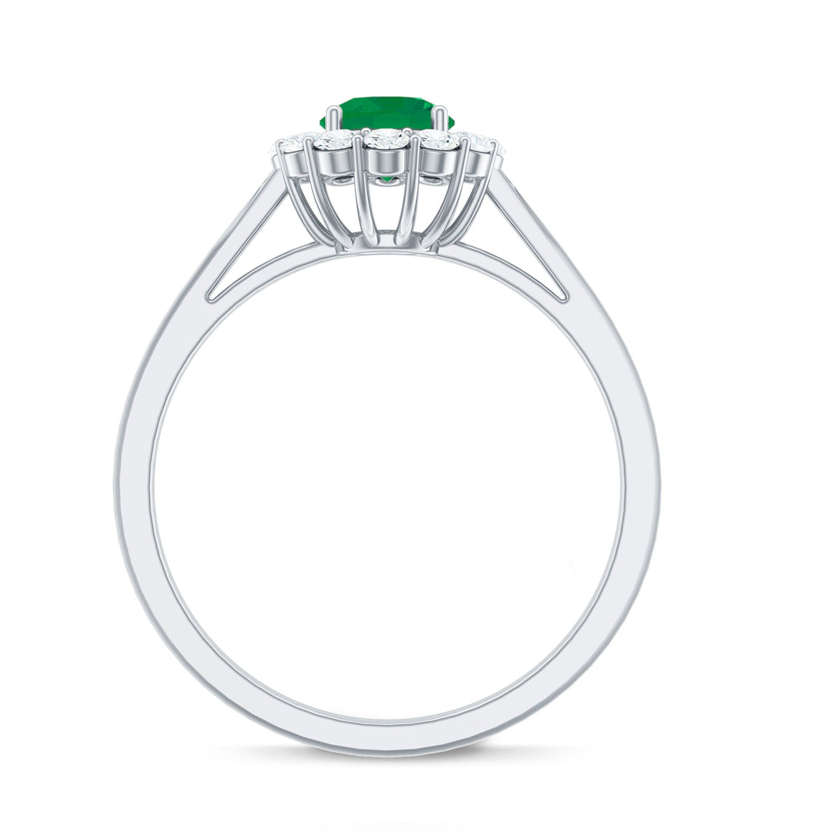 Round emerald and diamond engagement ring by Rosec Jewels featuring a classic design with a central emerald gemstone and sparkling diamonds.