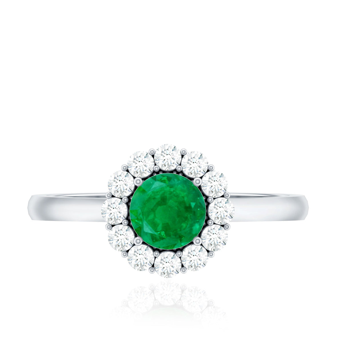 Round emerald and diamond engagement ring by Rosec Jewels featuring a classic design with sparkling gemstones.