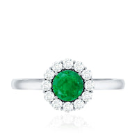 Round emerald and diamond engagement ring by Rosec Jewels featuring a classic design with sparkling gemstones.