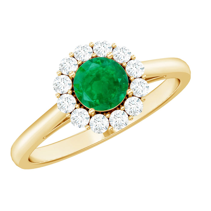 Round emerald and diamond engagement ring from Rosec Jewels featuring a classic design and intricate band detailing.