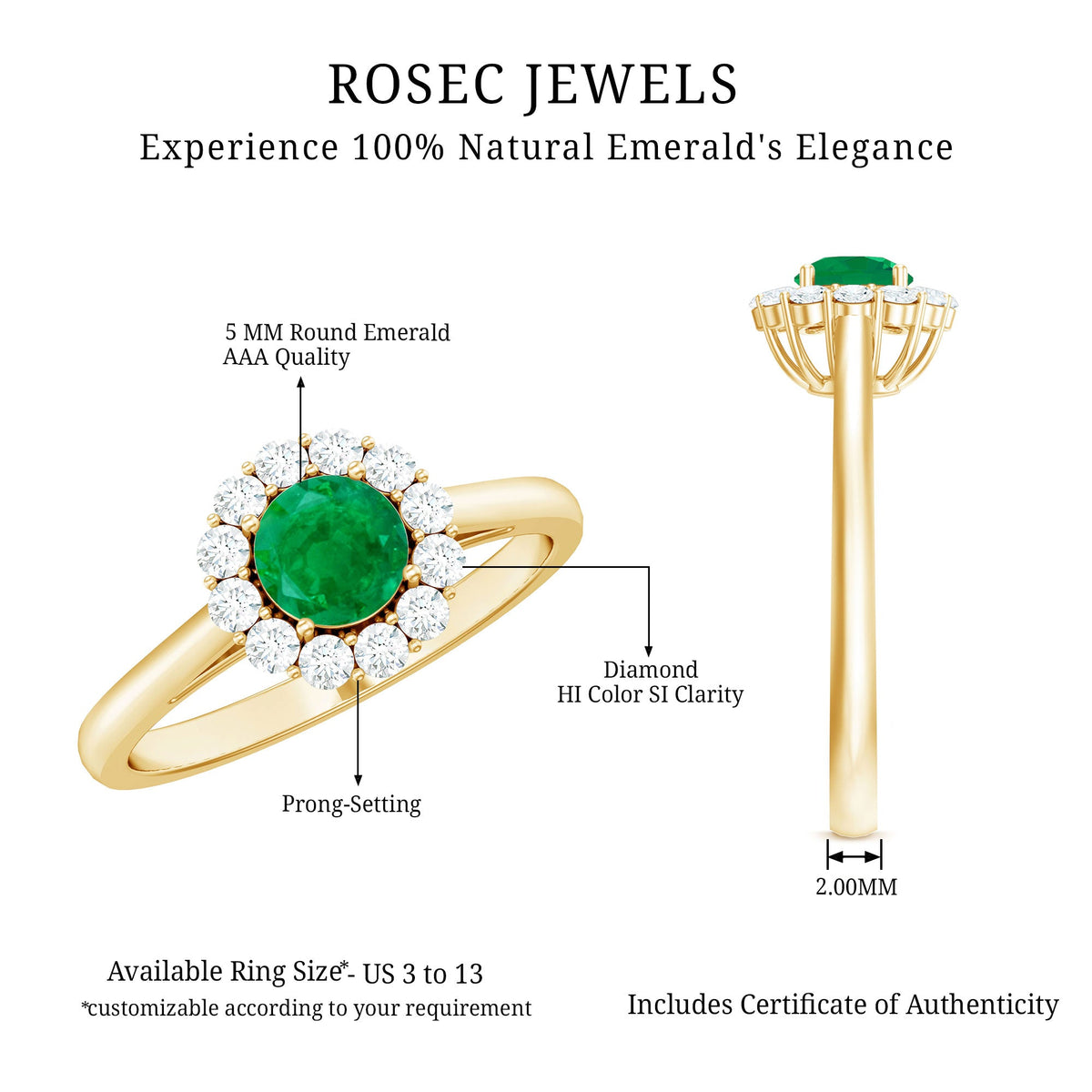 Round emerald and diamond engagement ring by Rosec Jewels featuring a classic design with a central emerald surrounded by diamonds.