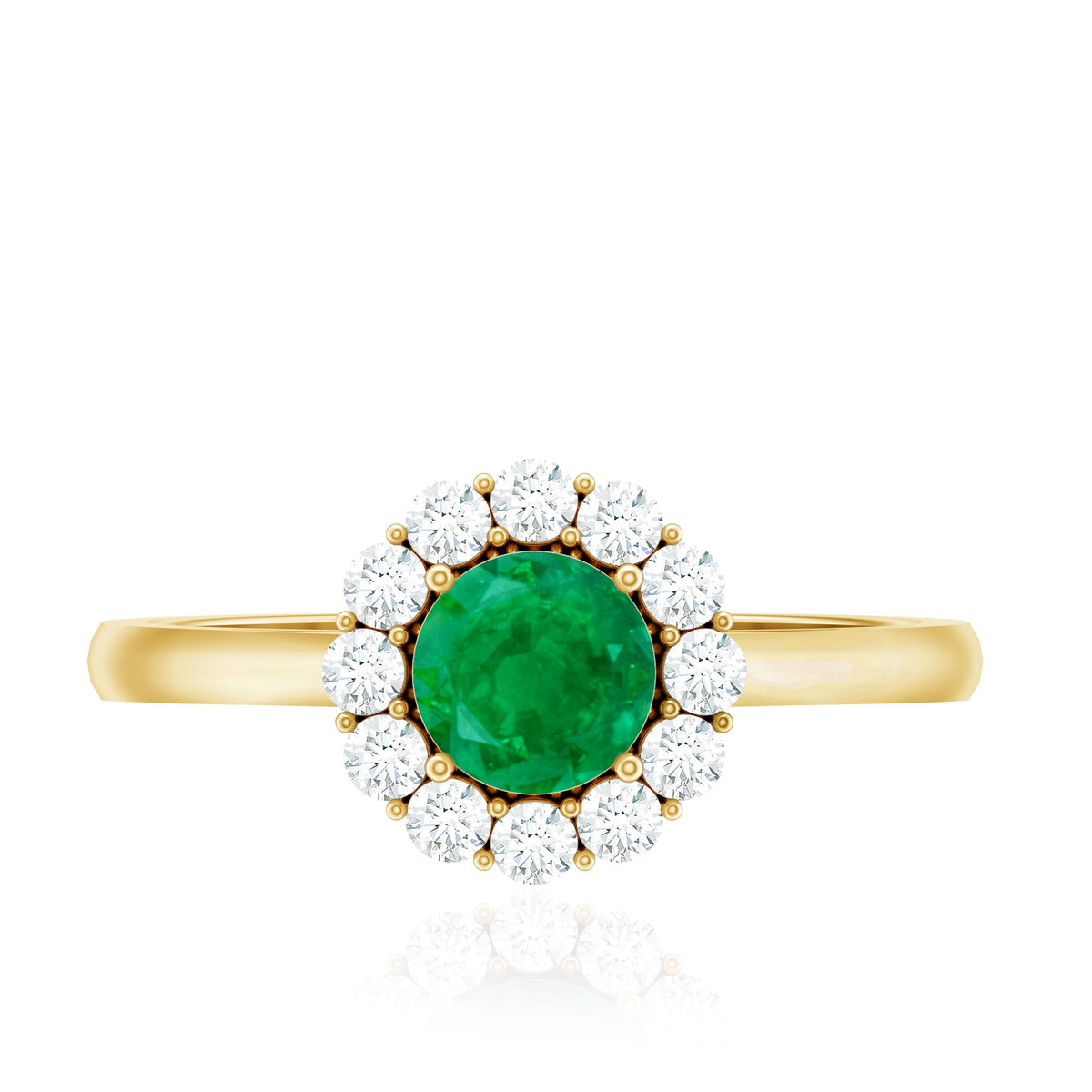 Round emerald and diamond engagement ring from Rosec Jewels featuring a classic design with sparkling gemstones.
