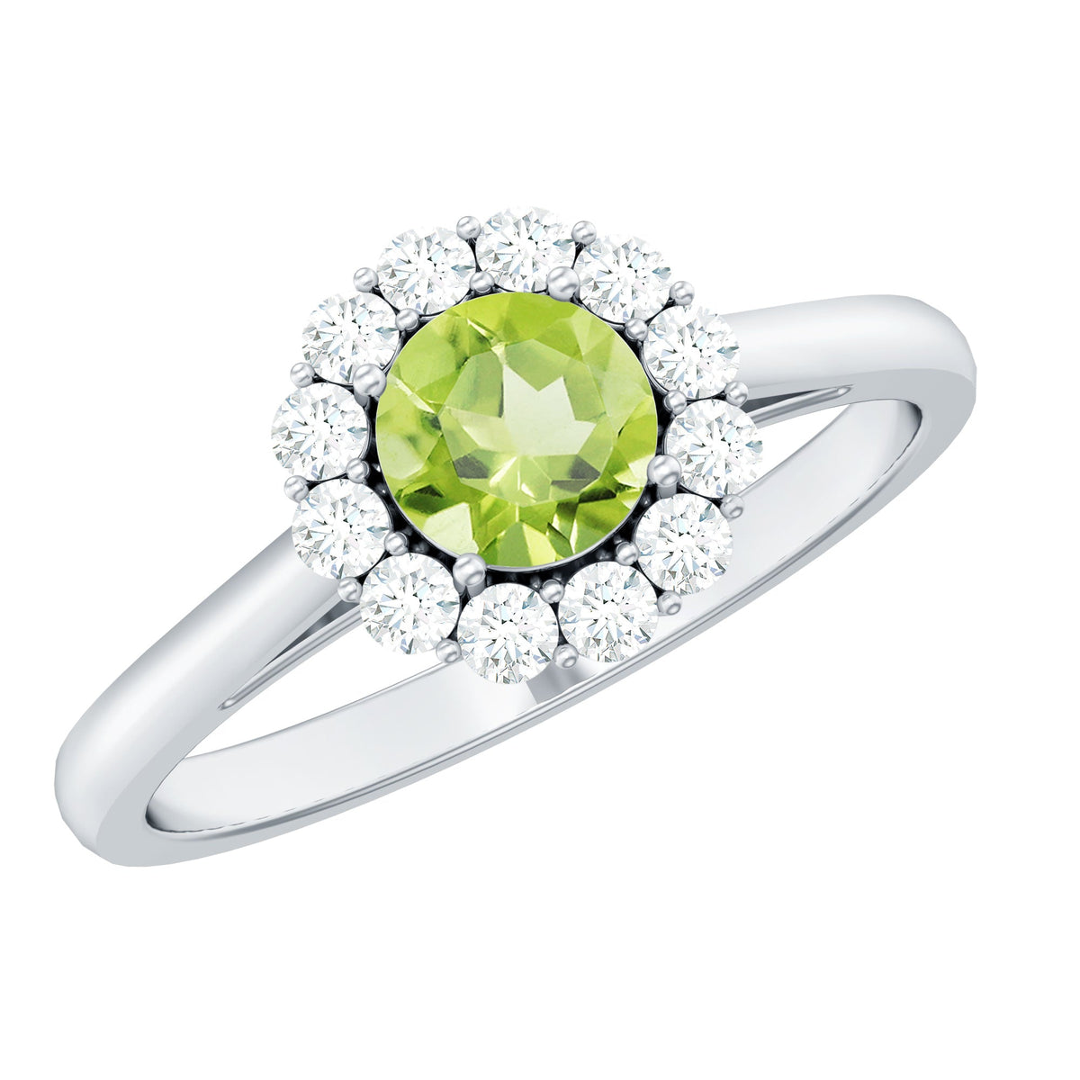 Natural half carat Peridot engagement ring by Rosec Jewels with diamond halo and gold band, showcasing the vibrant green gemstone.