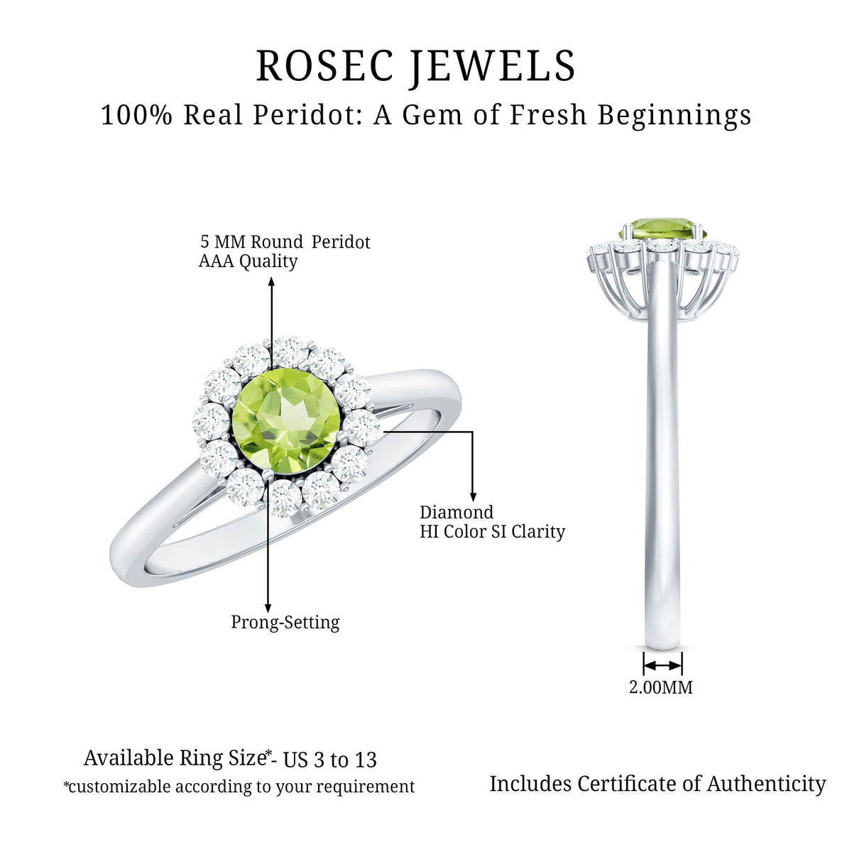 Natural half carat peridot engagement ring with diamond halo from Rosec Jewels, showcasing the vibrant green gemstone and sparkling diamonds.