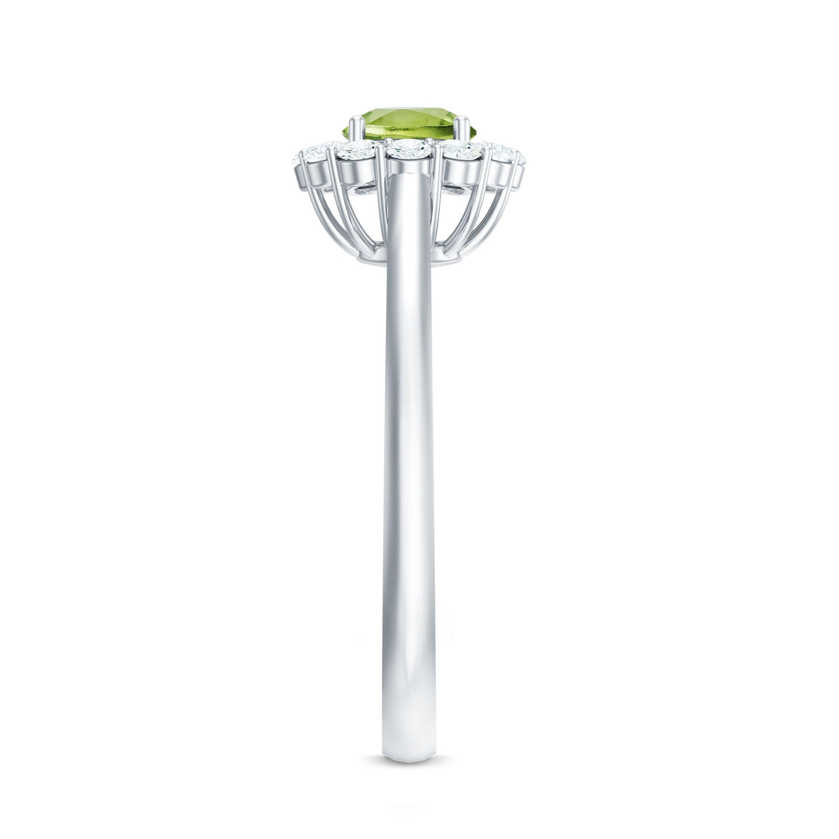 Natural half-carat peridot engagement ring with diamond halo from Rosec Jewels, showcasing a vibrant green gemstone and sparkling accent diamonds.