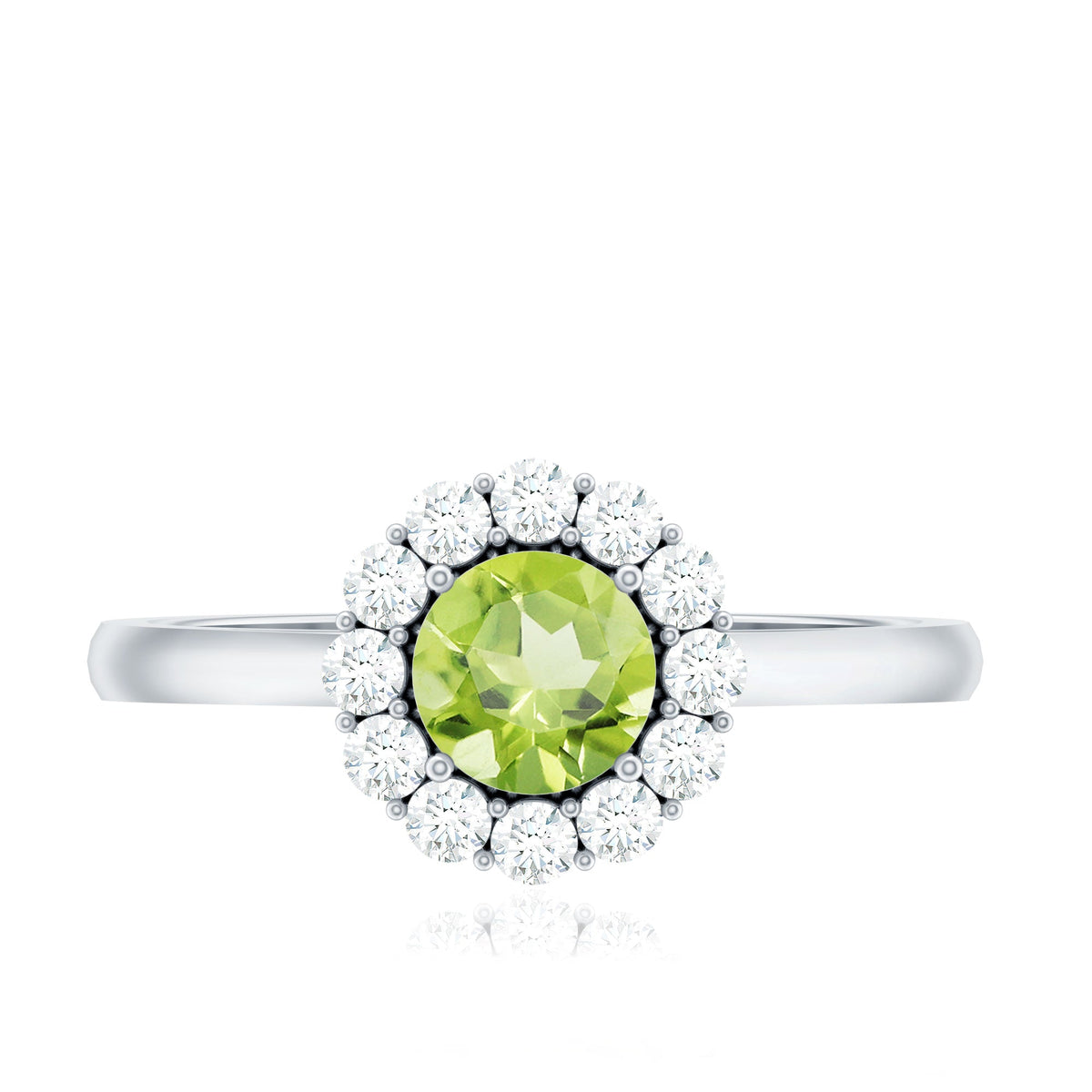 Natural half carat peridot engagement ring with diamond halo, showcasing a green peridot center and sparkling diamond accents.