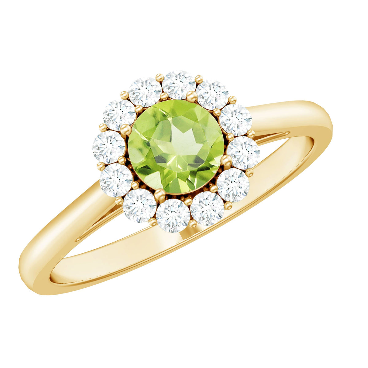Natural half carat peridot engagement ring with diamond halo from Rosec Jewels, showcasing the vibrant green gemstone and sparkling accents.