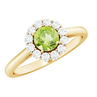 Natural half carat peridot engagement ring with diamond halo from Rosec Jewels, showcasing the vibrant green gemstone and sparkling accents.