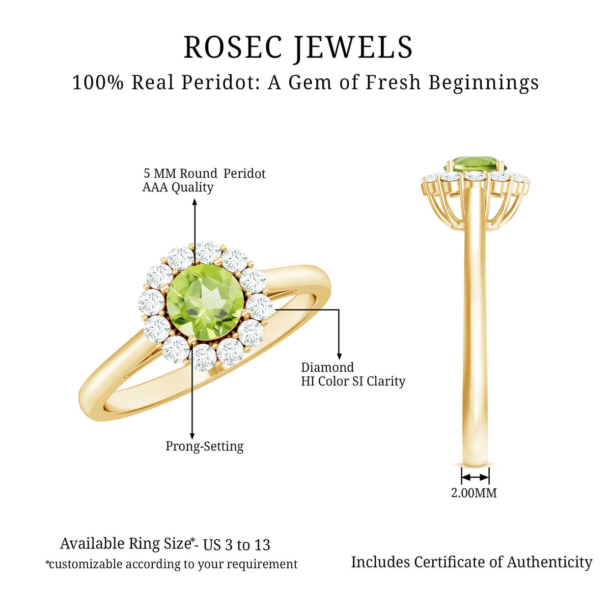 Natural half carat peridot engagement ring with diamond halo, showcasing a green gemstone surrounded by sparkling diamonds.