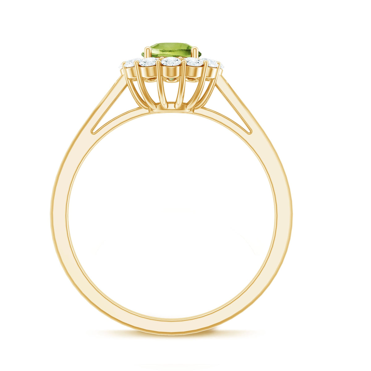 Natural half carat peridot engagement ring with diamond halo from Rosec Jewels, featuring a green peridot gemstone and sparkling diamond accents.