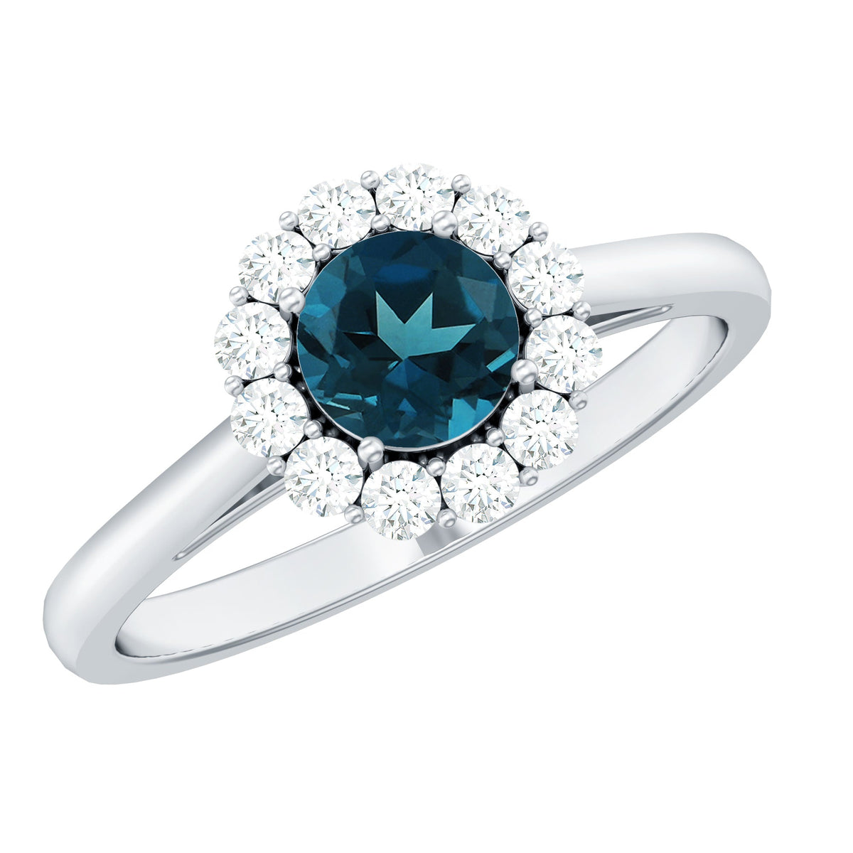 Certified London Blue Topaz and diamond halo engagement ring by Rosec Jewels featuring a central blue topaz gemstone surrounded by sparkling diamonds.