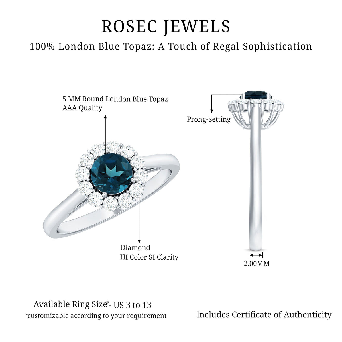 Certified London Blue Topaz and Diamond Halo engagement ring by Rosec Jewels featuring a central blue topaz gemstone surrounded by a diamond halo.