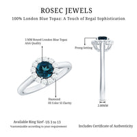 Certified London Blue Topaz and Diamond Halo engagement ring by Rosec Jewels featuring a central blue topaz gemstone surrounded by a diamond halo.