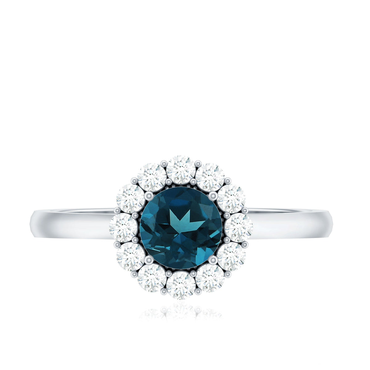 Certified London Blue Topaz and diamond halo engagement ring with silver band by Rosec Jewels, showcasing intricate design and sparkling stones.