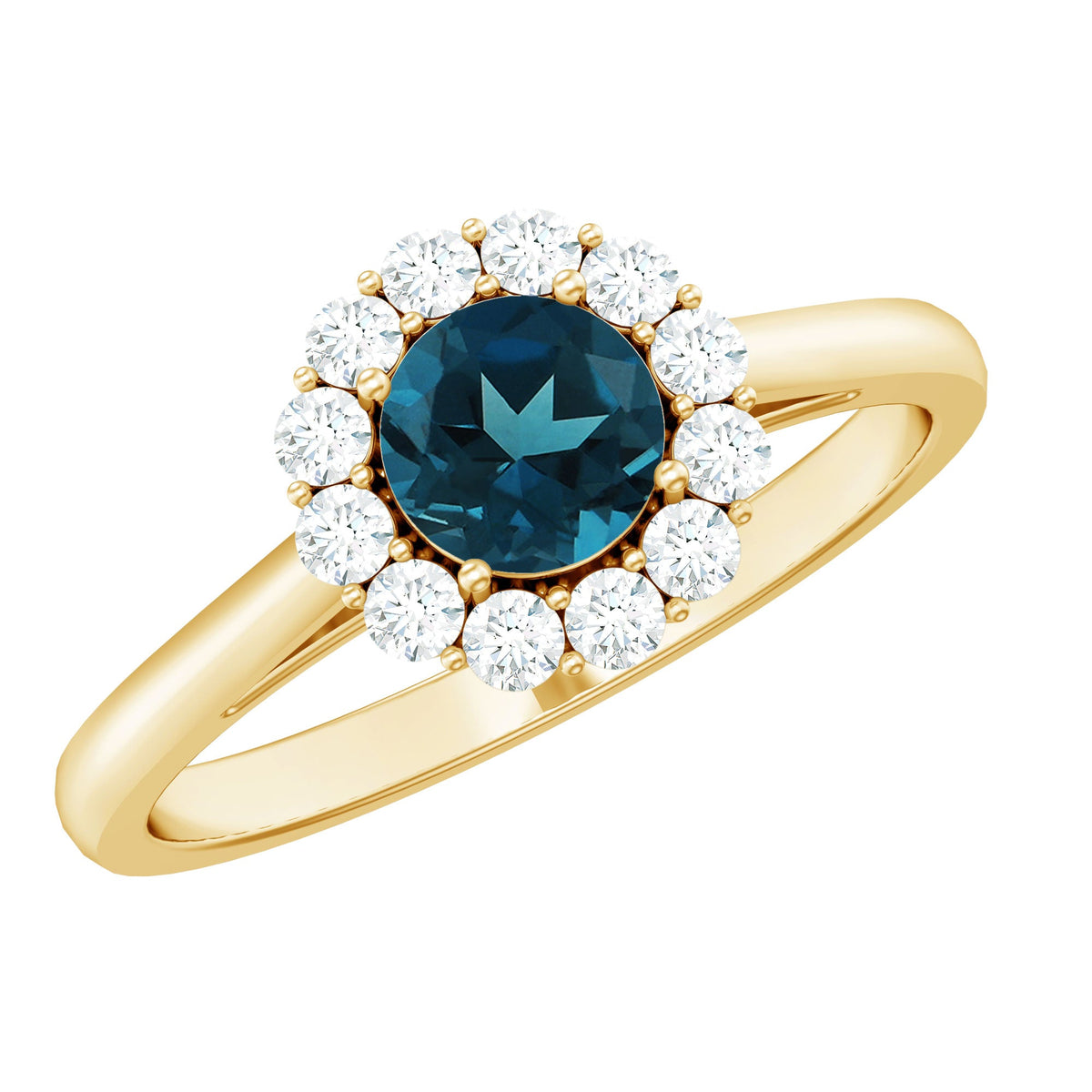 London Blue Topaz and diamond halo engagement ring by Rosec Jewels, showcasing a large blue topaz center stone with surrounding diamonds.