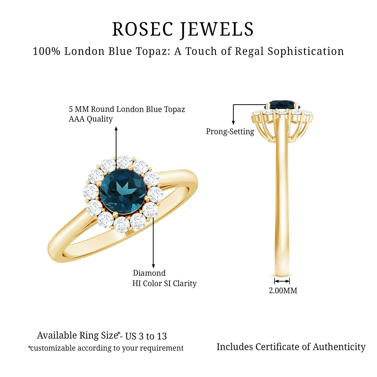 London Blue Topaz and diamond halo engagement ring by Rosec Jewels, featuring a central blue topaz surrounded by sparkling diamonds.