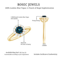 London Blue Topaz and diamond halo engagement ring by Rosec Jewels, featuring a central blue topaz surrounded by sparkling diamonds.