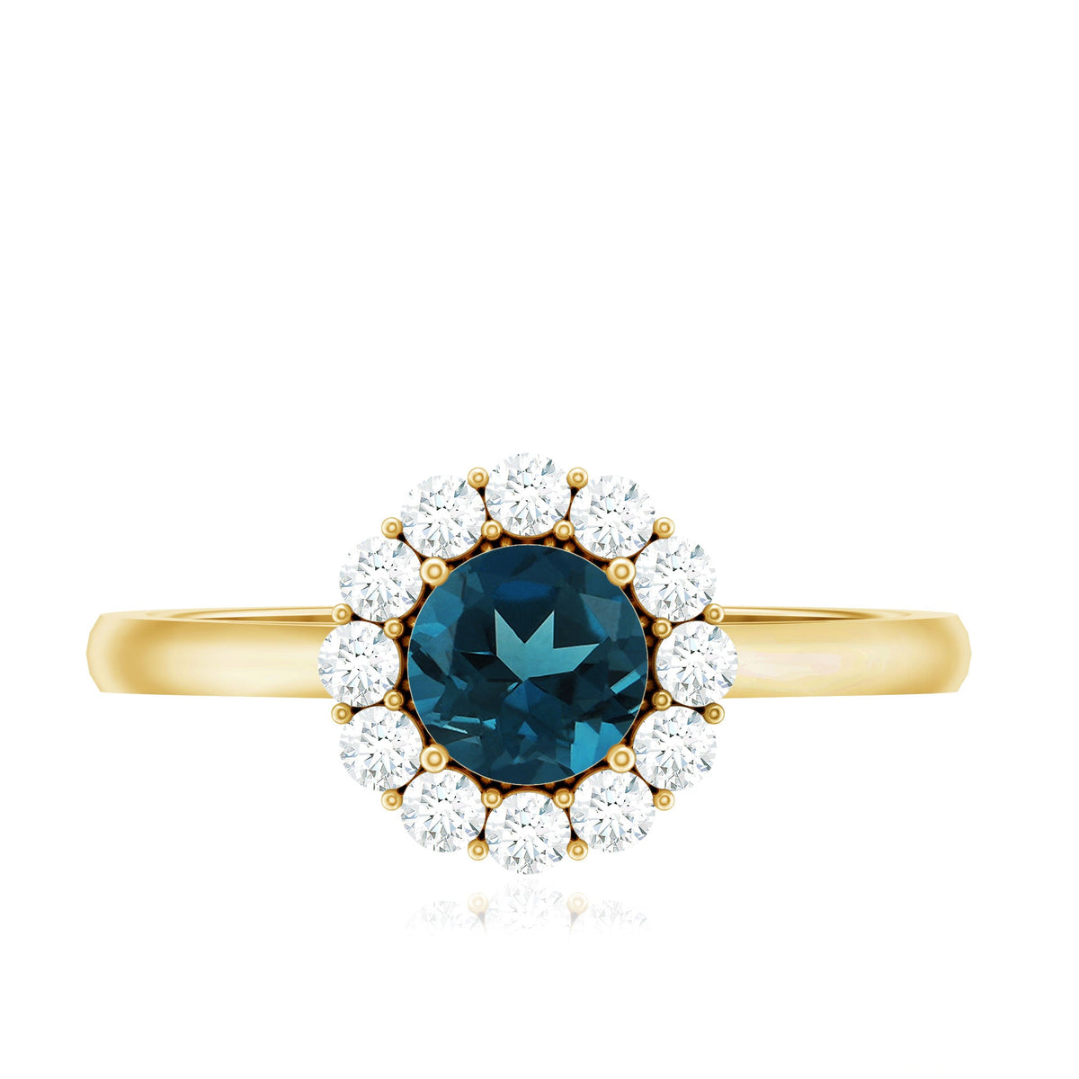 London Blue Topaz and diamond halo engagement ring by Rosec Jewels featuring a central blue topaz gemstone surrounded by sparkling diamonds.