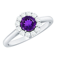 Natural amethyst engagement ring with diamond halo for women, featuring a rose gold band and intricate detailing.