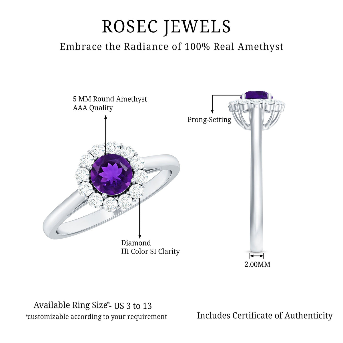 Natural amethyst engagement ring with diamond halo for women, featuring a rose gold band and intricate detailing.