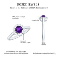 Natural amethyst engagement ring with diamond halo for women, featuring a rose gold band and intricate detailing.