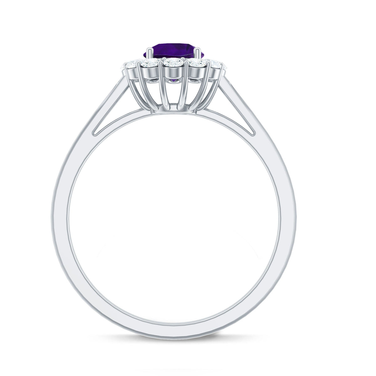 Natural amethyst engagement ring with diamond halo for women, featuring a rose gold band and intricate detailing.
