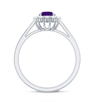 Natural amethyst engagement ring with diamond halo for women, featuring a rose gold band and intricate detailing.