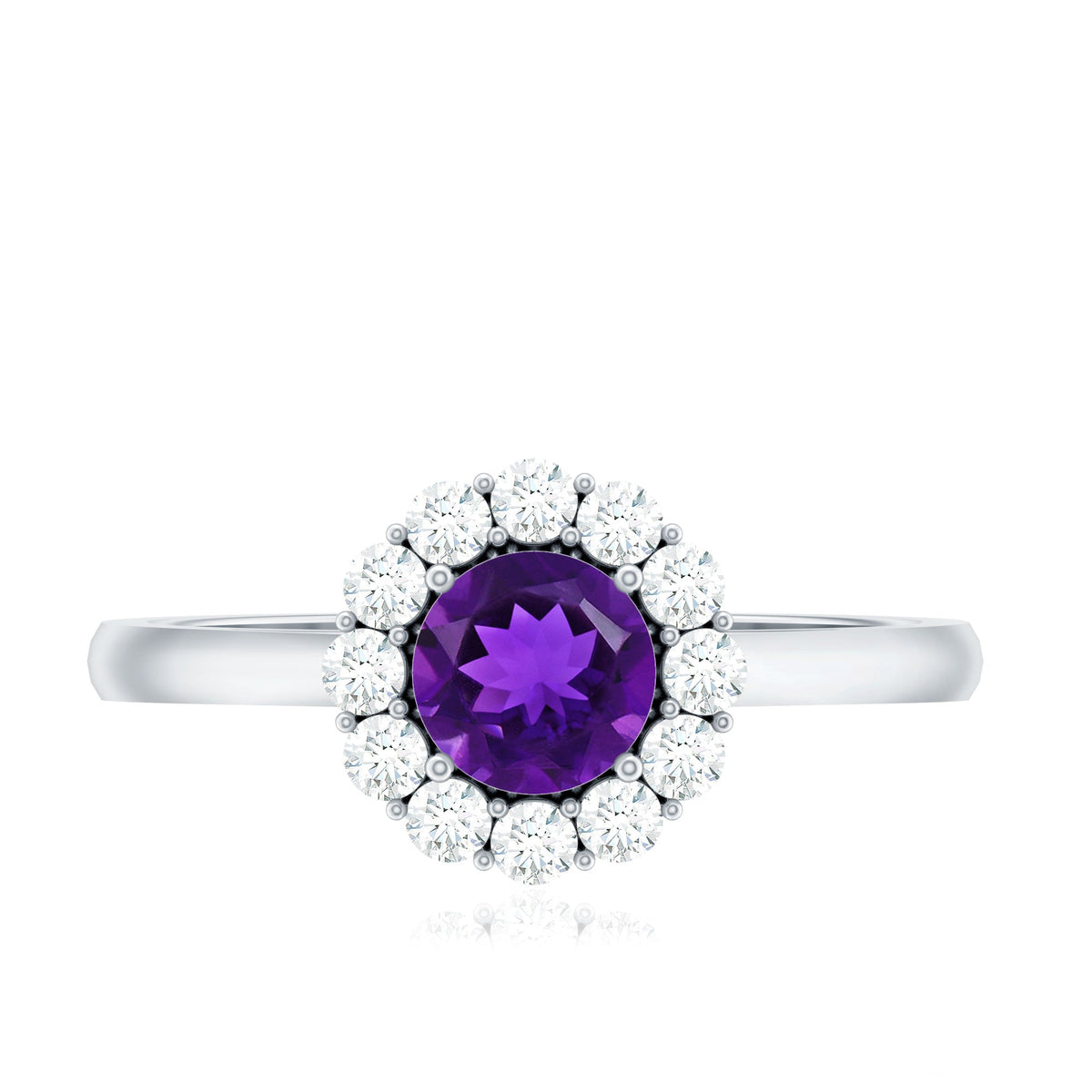 Natural amethyst engagement ring with diamond halo for women, featuring a rose gold band and intricate design by Rosec Jewels.