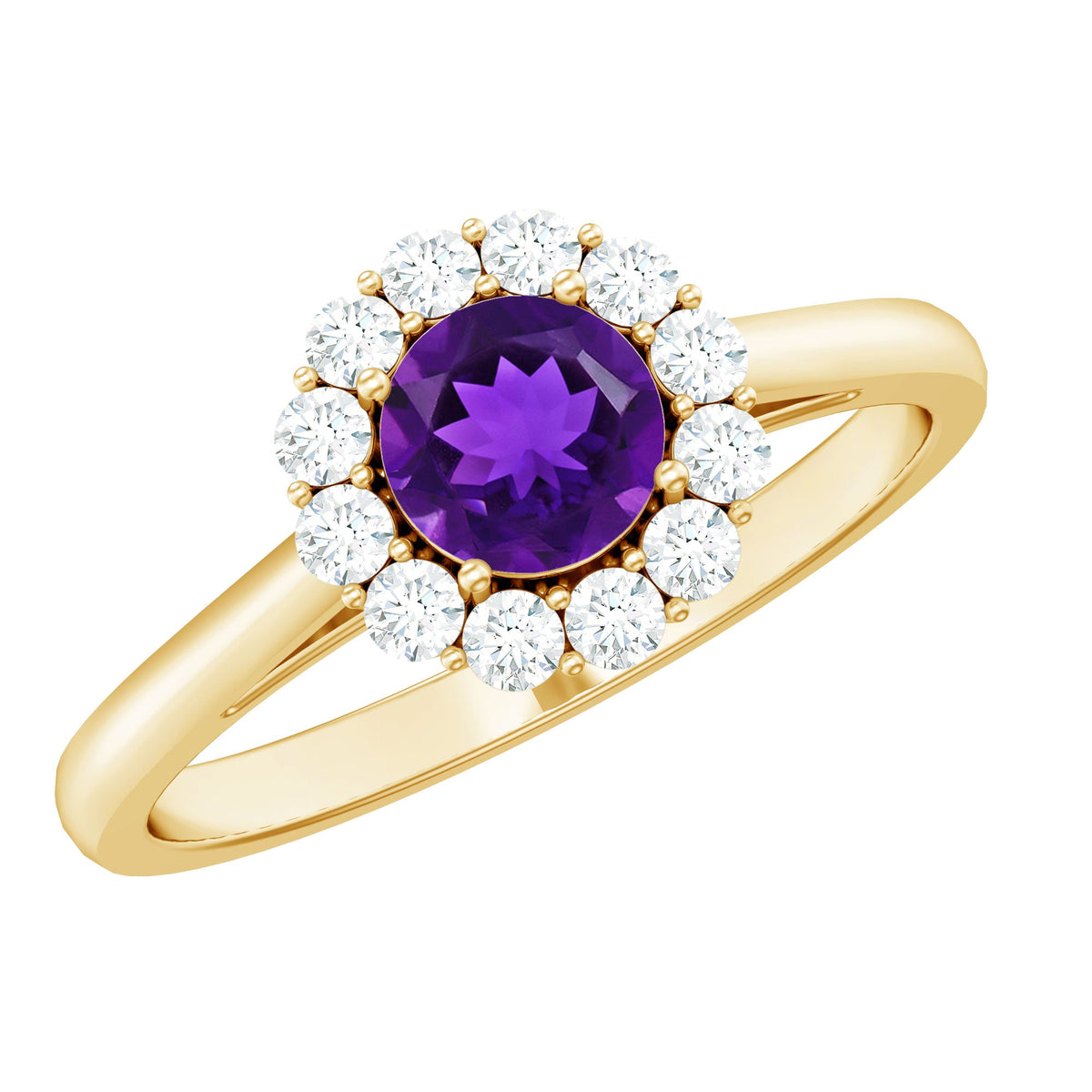 Natural amethyst engagement ring with diamond halo for women, showcasing a Rosec Jewels ring with intricate design and sparkling gemstones.
