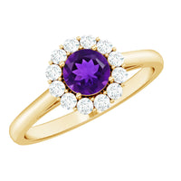Natural amethyst engagement ring with diamond halo for women, showcasing a Rosec Jewels ring with intricate design and sparkling gemstones.
