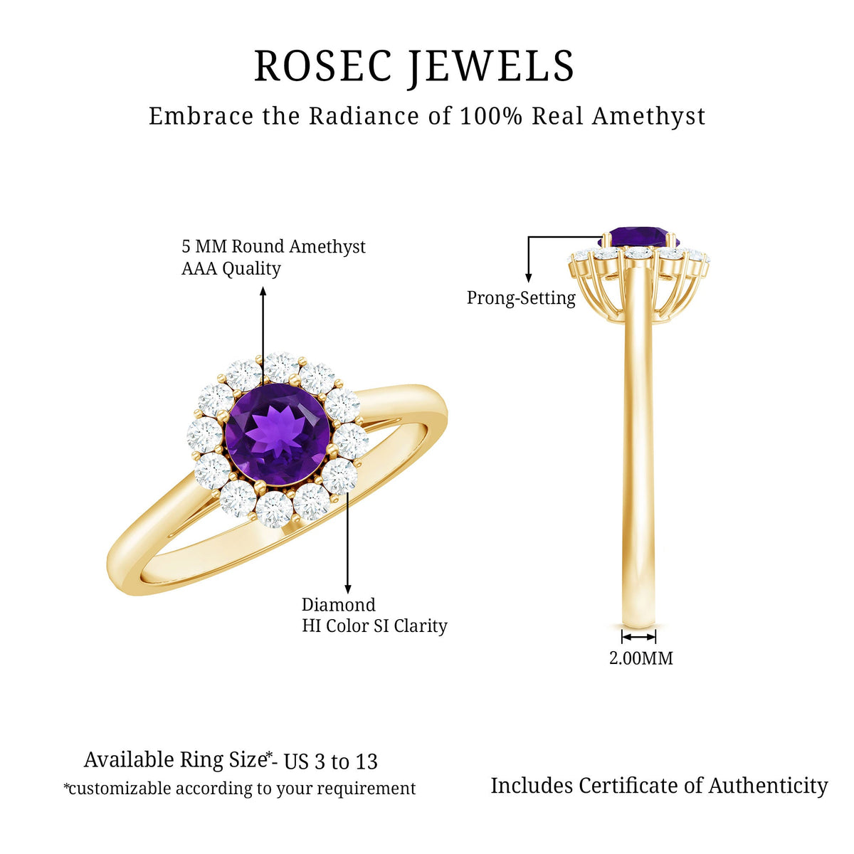 Natural amethyst engagement ring with diamond halo for women, featuring a silver band and intricate detailing by Rosec Jewels.