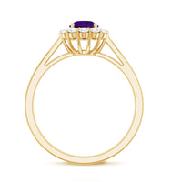Natural amethyst engagement ring with diamond halo for women, featuring a rose gold band and intricate gemstone setting.