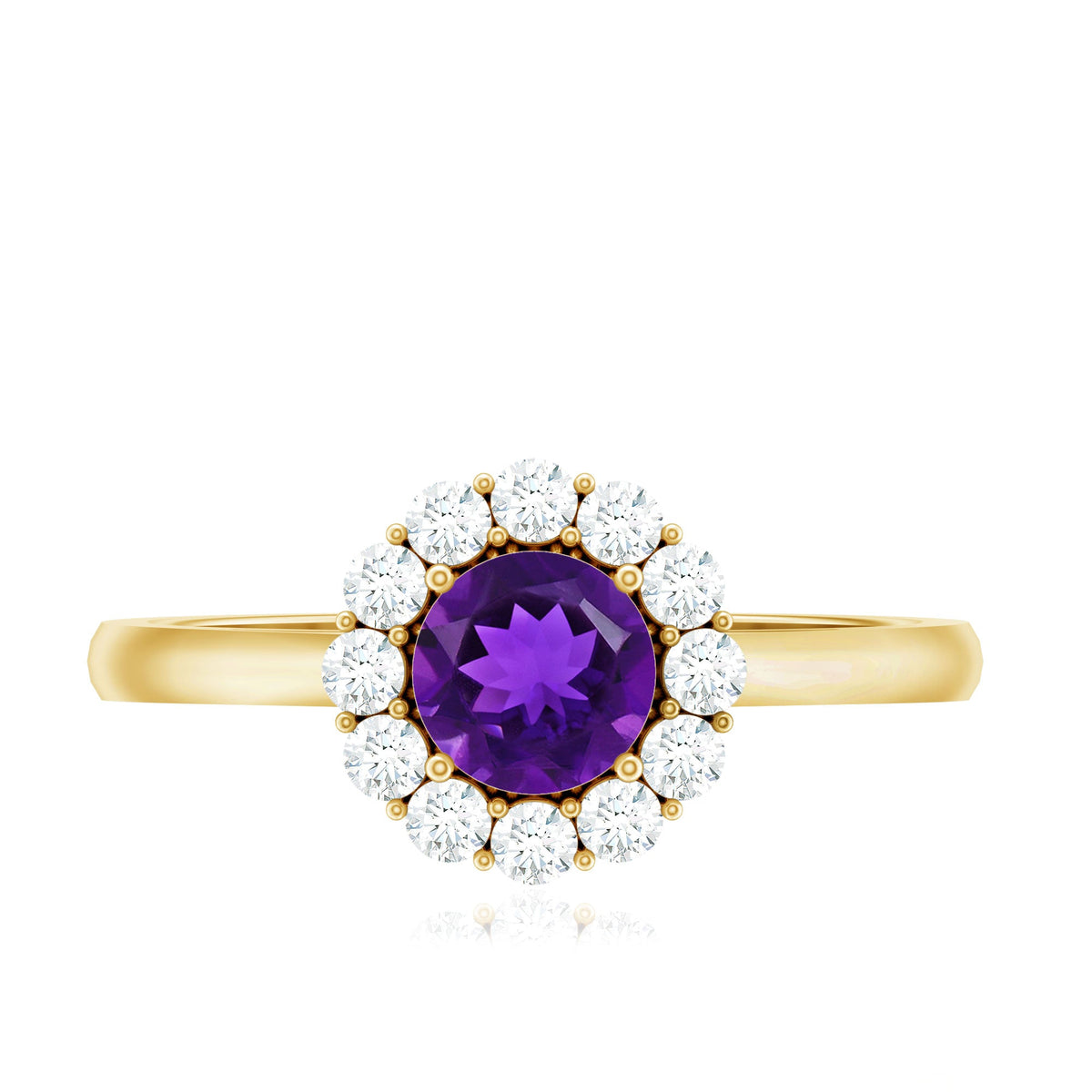 Natural amethyst engagement ring with diamond halo for women, featuring a rose gold band from Rosec Jewels.