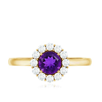 Natural amethyst engagement ring with diamond halo for women, featuring a rose gold band from Rosec Jewels.