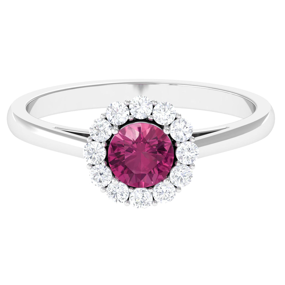 Pink tourmaline and diamond floating halo engagement ring by Rosec Jewels, showcasing a 0.75 CT center stone with elegant design.